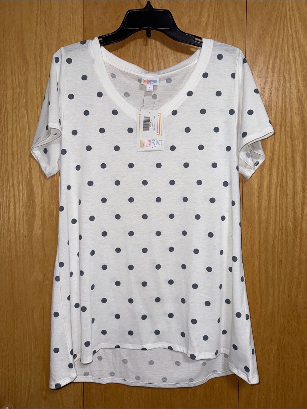 LuLaRoe Christy White Tee with Gray Polka Dots V-Neck